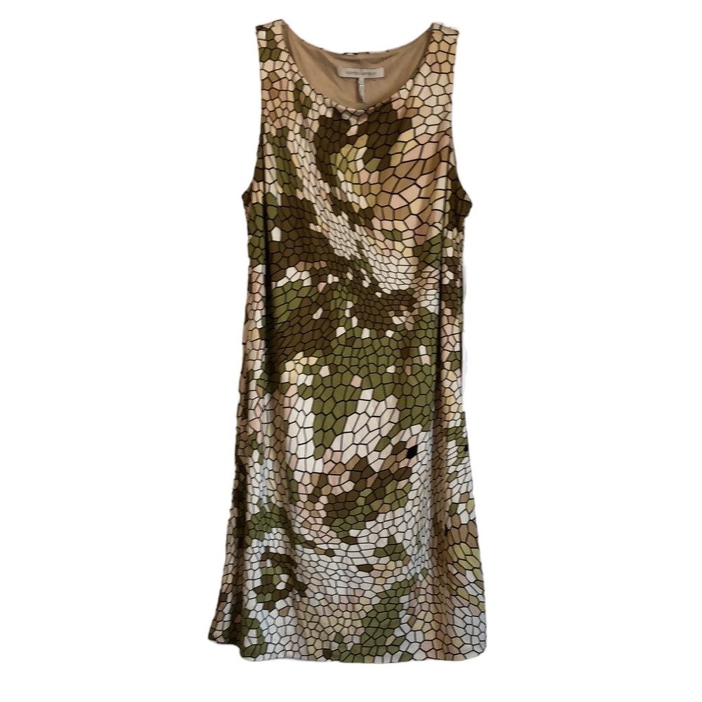 Rolando Santana Olivia 100% Silk Dress Sz 8 Geometric Print Sleeveless Boat Neck